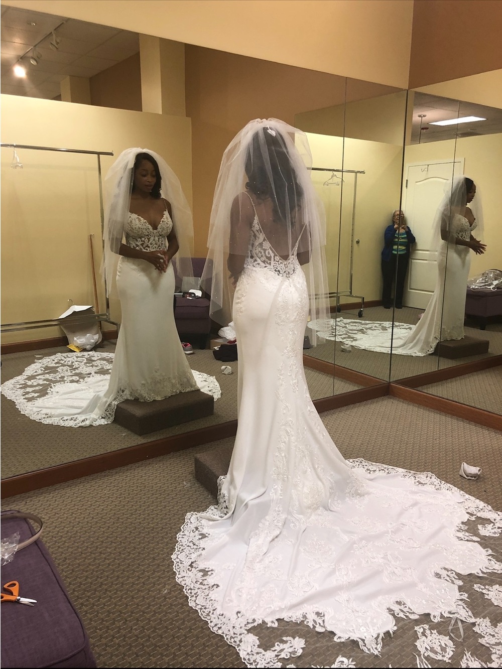 Ivory Lace-Trim Fitted Wedding Dress with Sheer Back